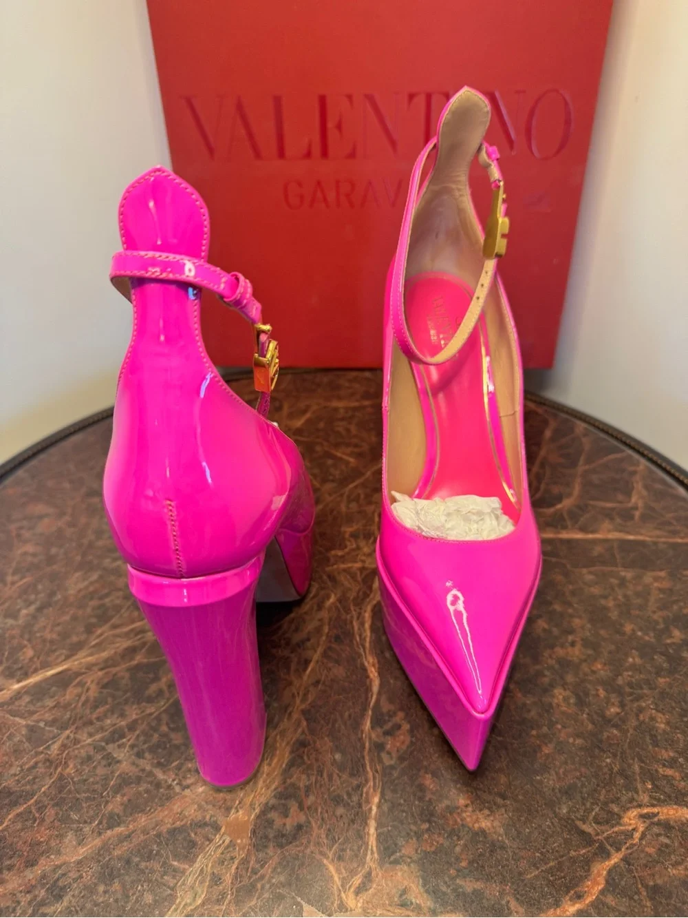 Valentino Garavani Pink PP Patent Leather Ankle Strap Pumps